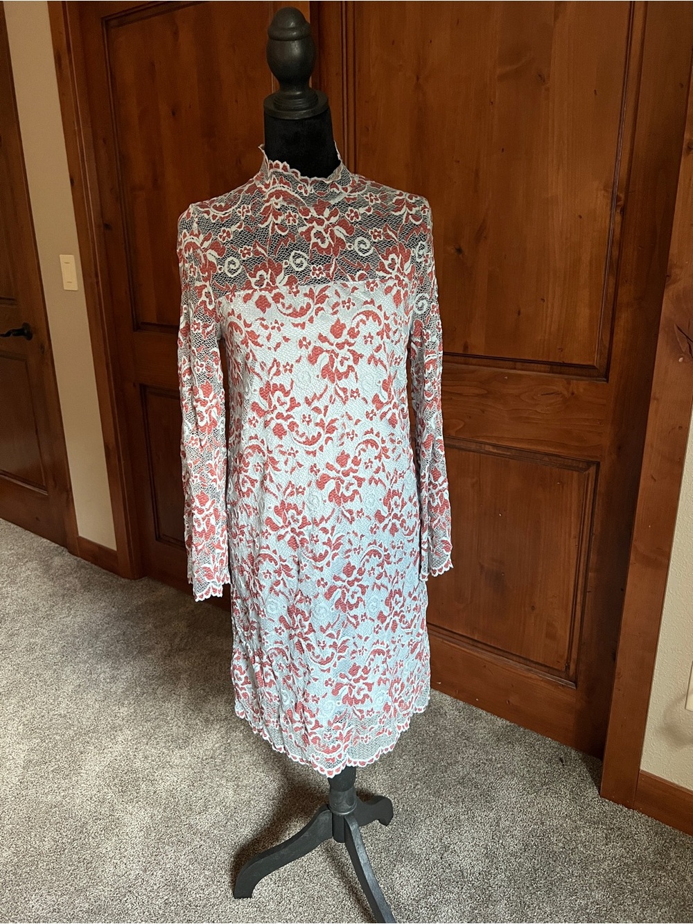 Ganni Baby Blue & Burgundy Long-Sleeve Lace Shift Dress